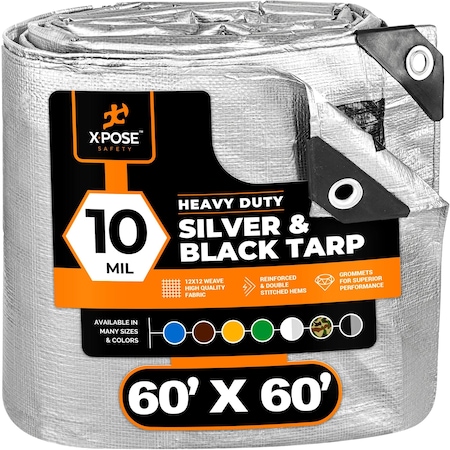 Xpose Safety Heavy Duty Tarp, 60 ft x 60 ft, 10 mil, Silver/Black, Polyethylene STH-6060-X